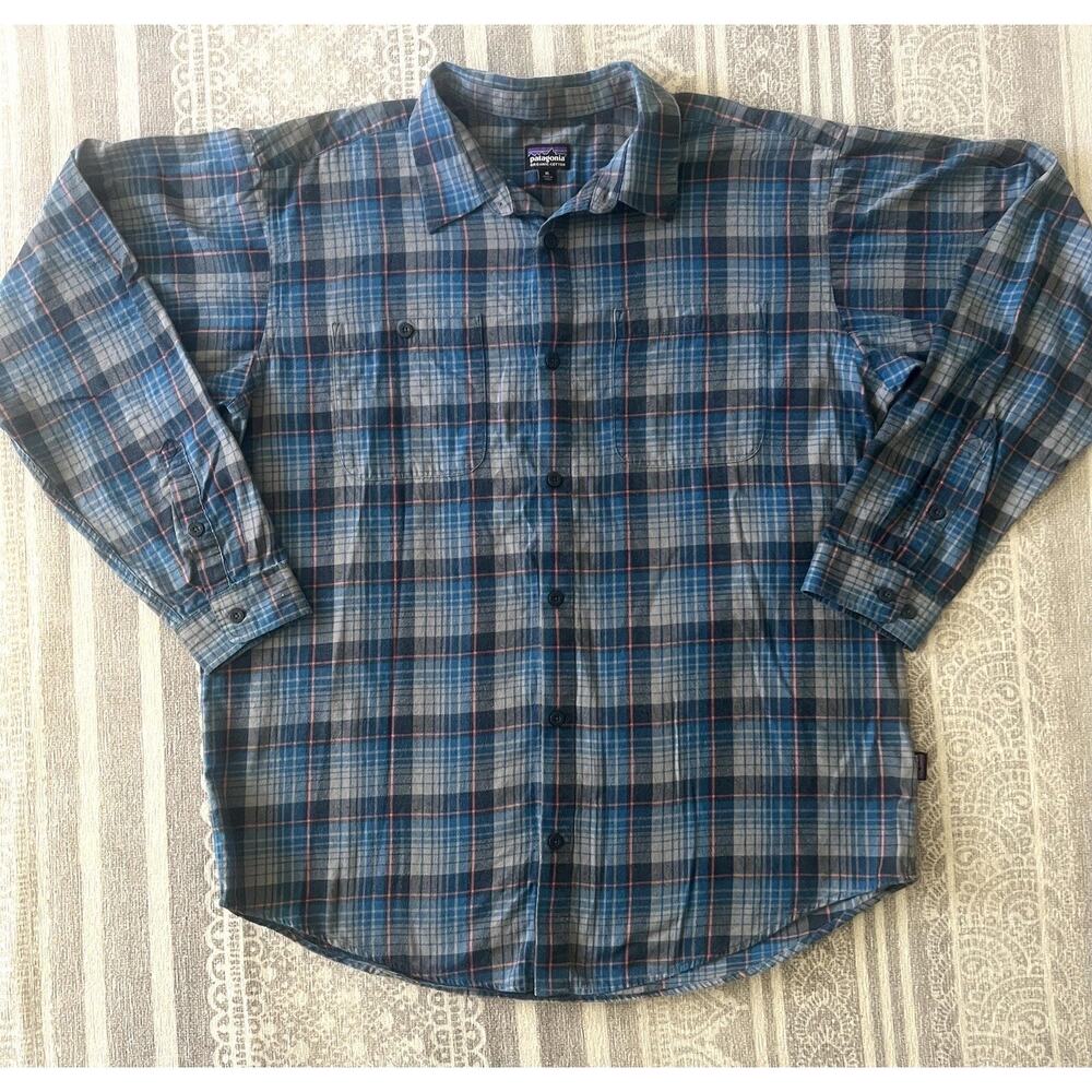 PATAGONIA Vintage Blue Plaid Flannel Button Down Organic Cotton Shirt